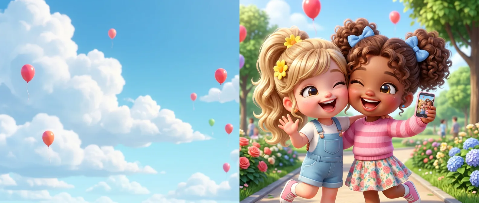 Two girls as chibi toons taking a selfie surrounded by balloons