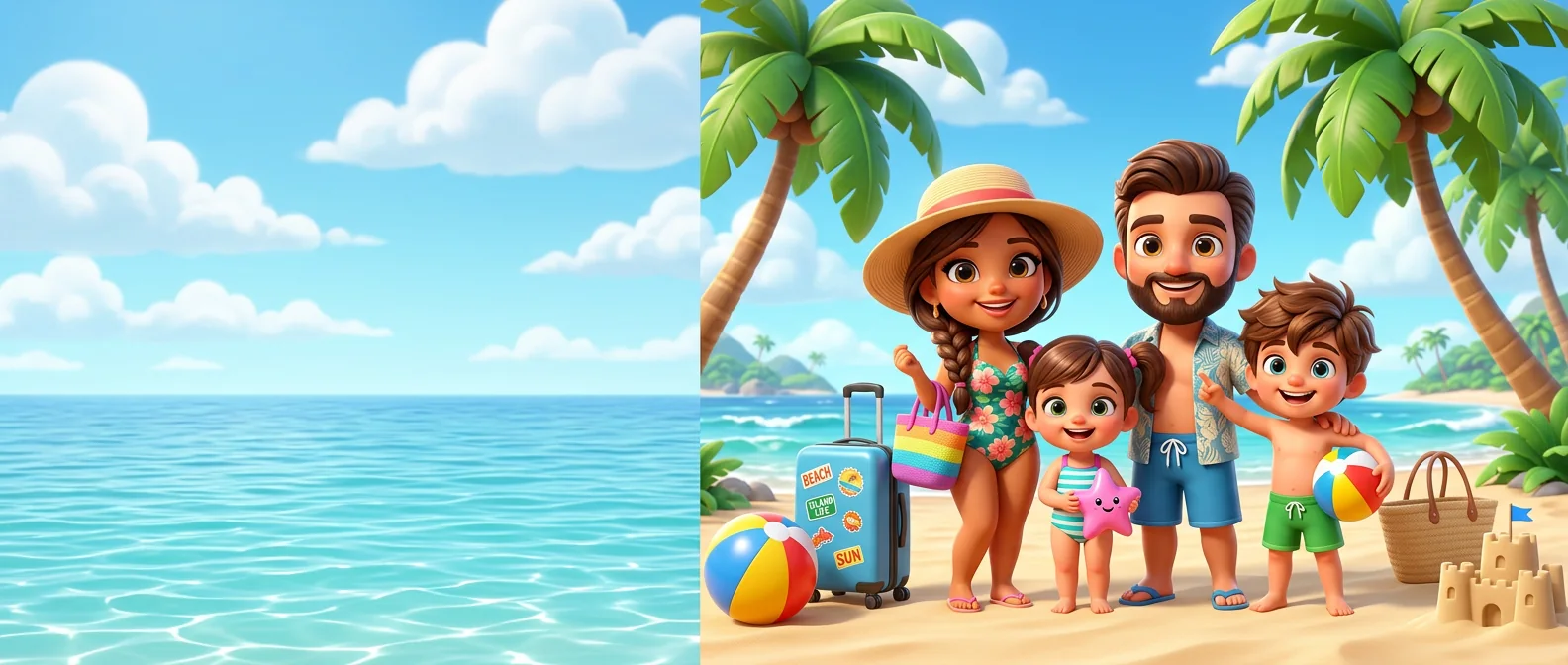 A family as chibi toons on a sunny tropical beach