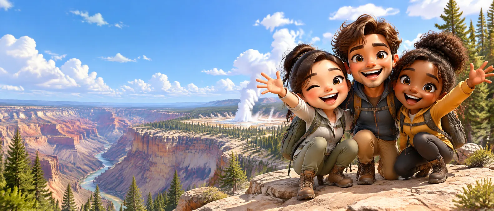 Three friends as glossy 3D chibi toons on a scenic overlook with canyon cliffs, a geyser and pine trees