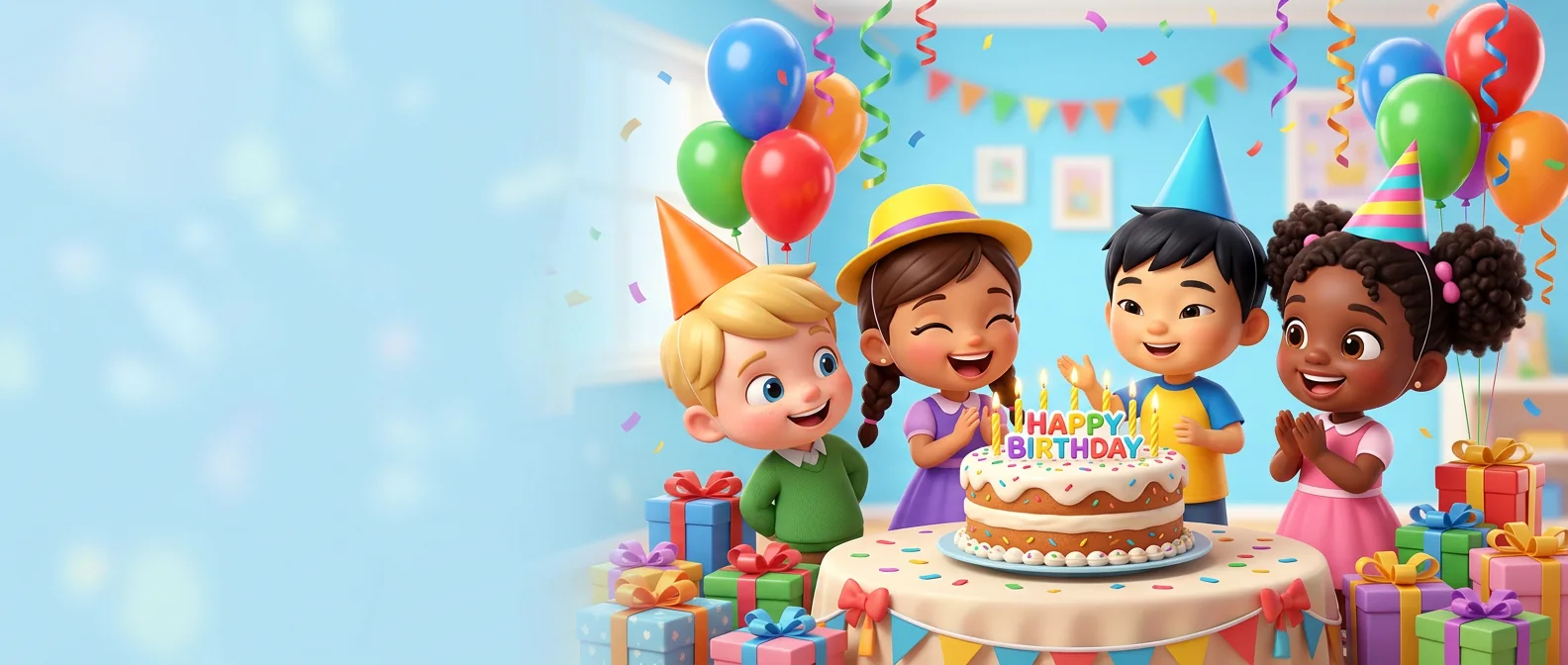 Kids as chibi toons celebrating with a birthday cake, balloons and confetti