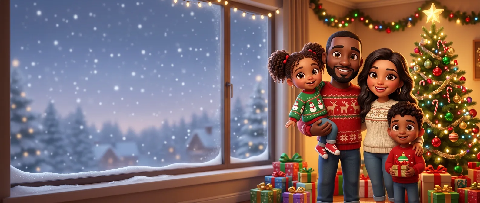 A family as chibi toons in a cosy Christmas living room with a tree and gifts