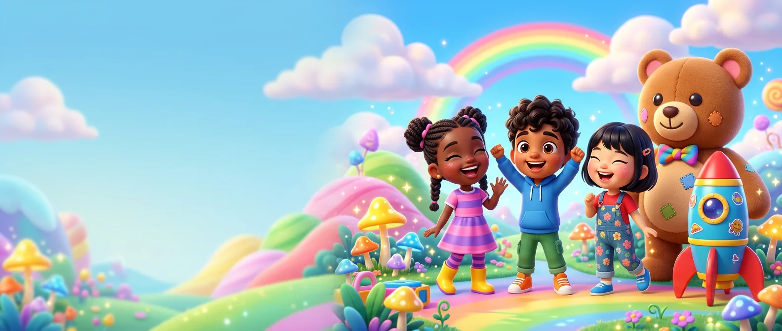Three kids as chibi toons exploring a fantasy world with giant mushrooms, a teddy bear and a toy rocket