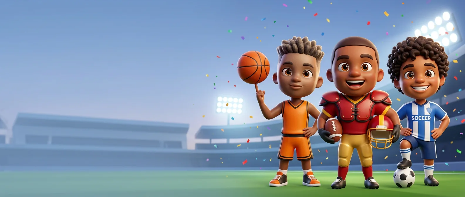 Three athletes as chibi toons celebrating in a floodlit stadium