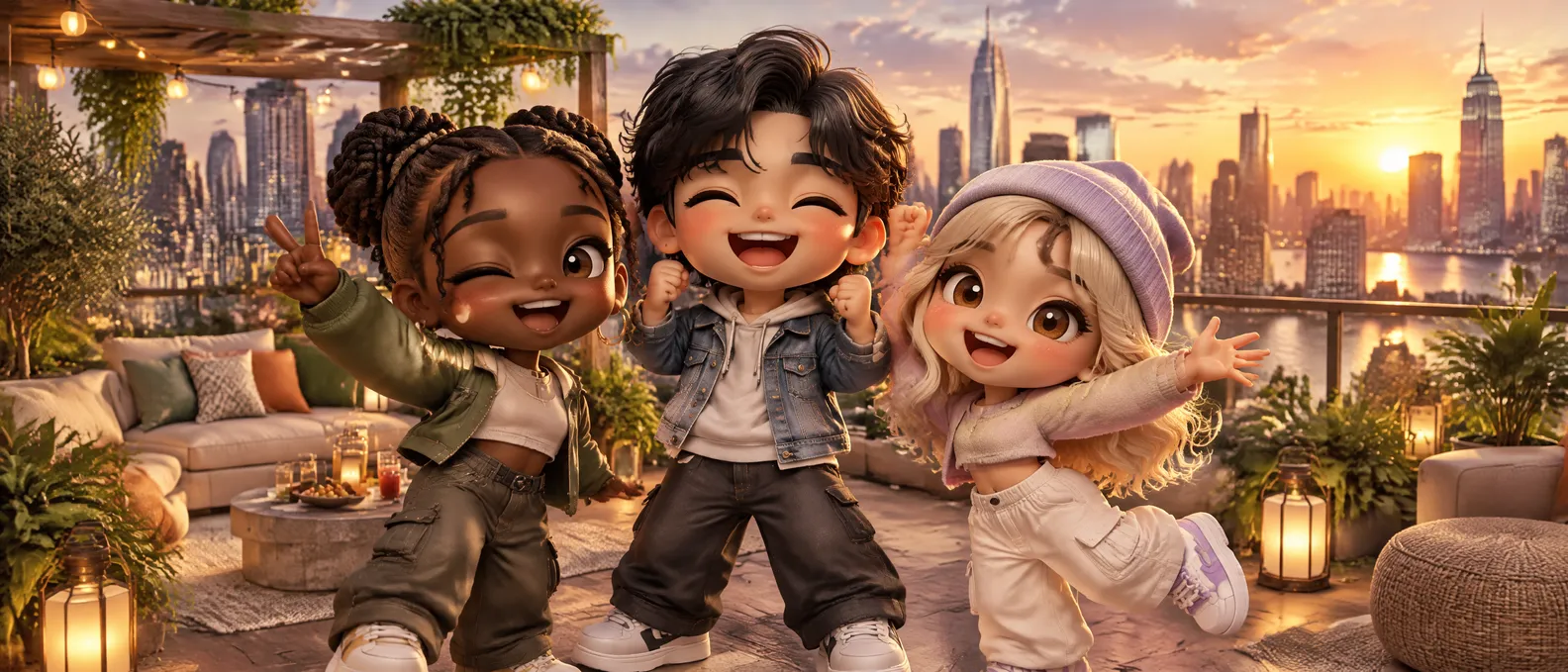 Three friends as chibi toons hanging out on a rooftop patio at golden hour